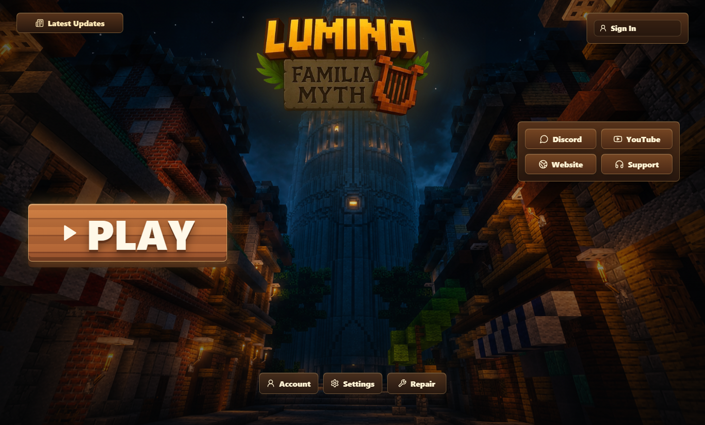 Lumina Launcher preview showing Play, account, status, and support controls